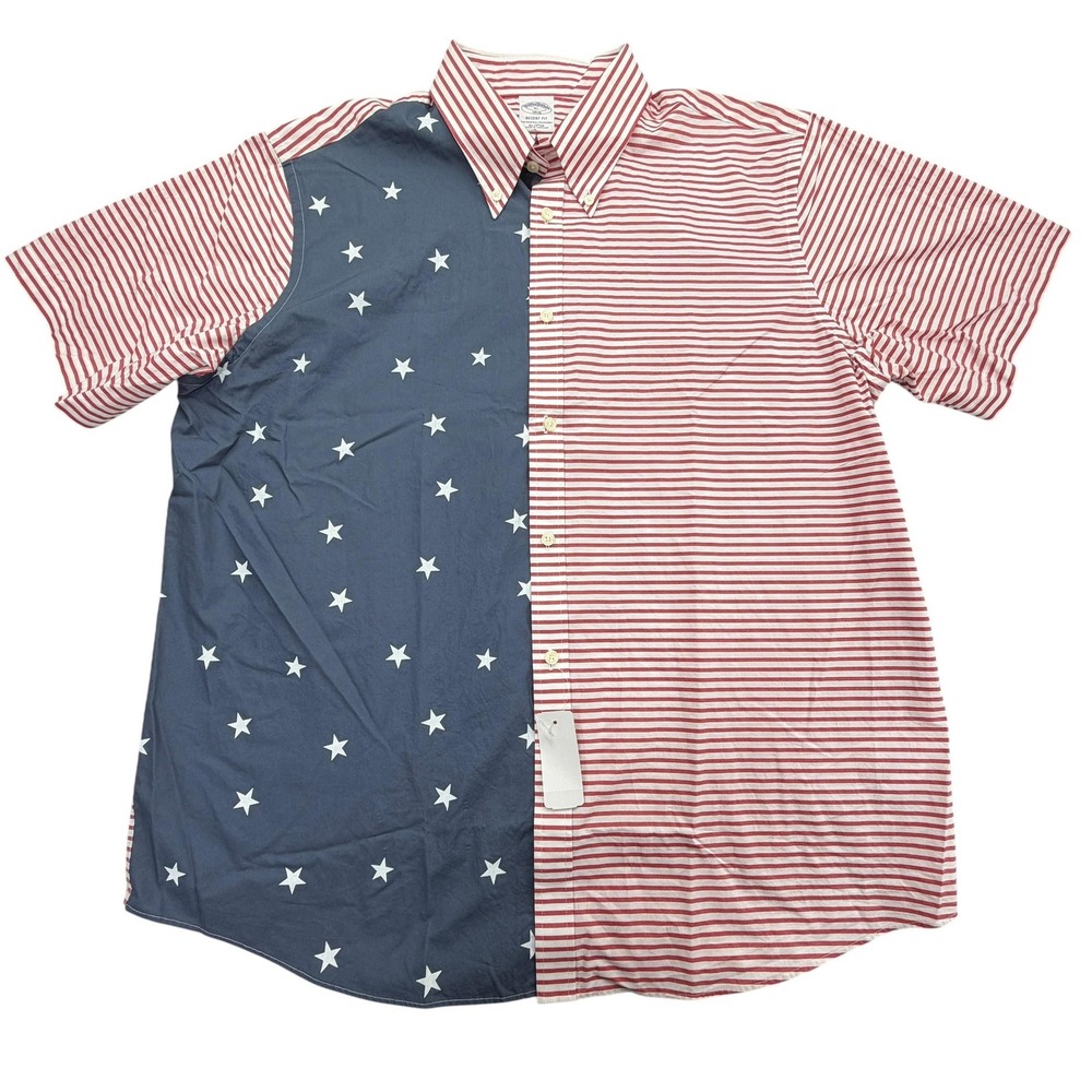 Brooks Brothers Shirt Mens XL Patriotic Short Sleeve Button Up USA Flag Stars